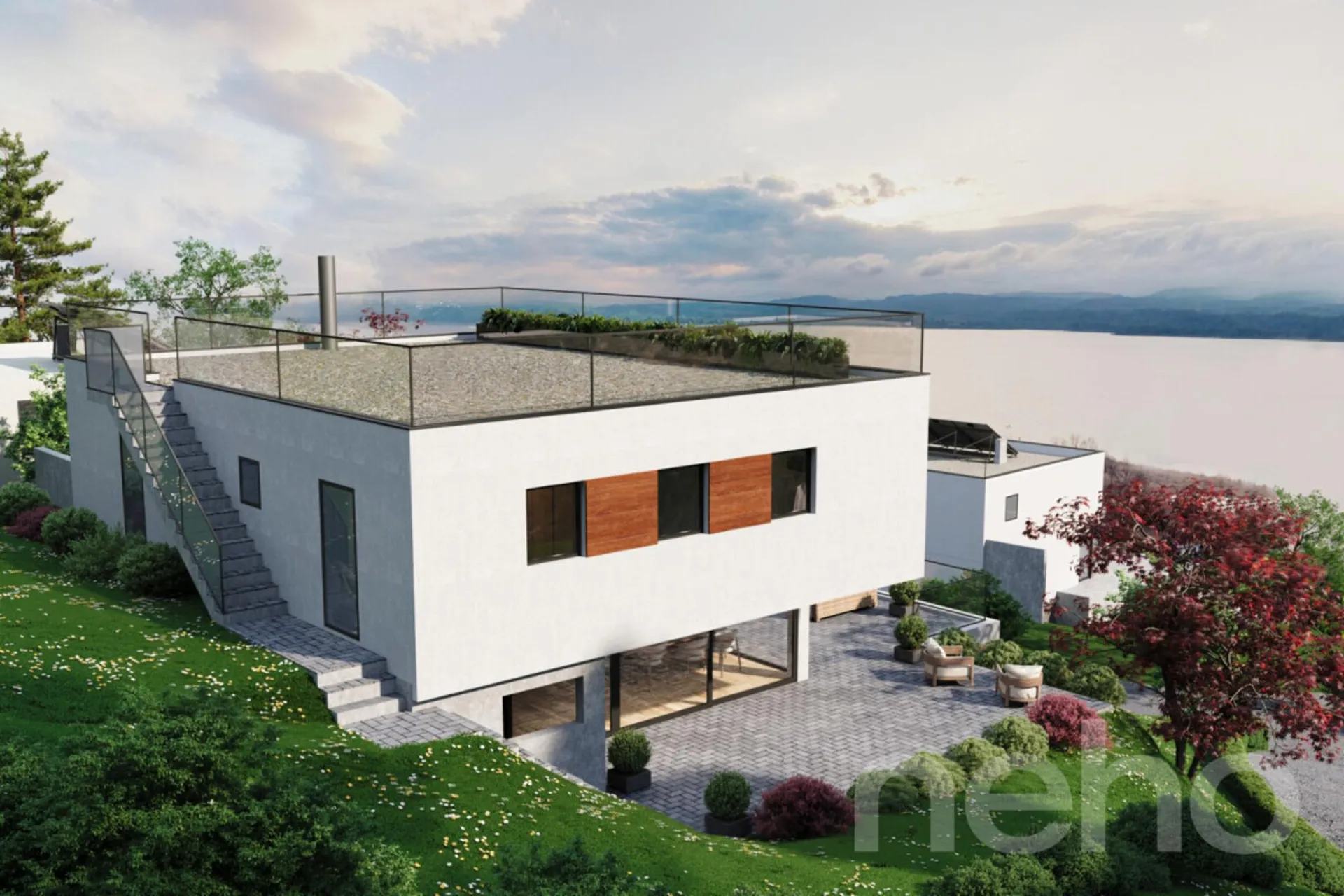 Villa d'architecte avec vue panoramique sur le lac et les montagnes