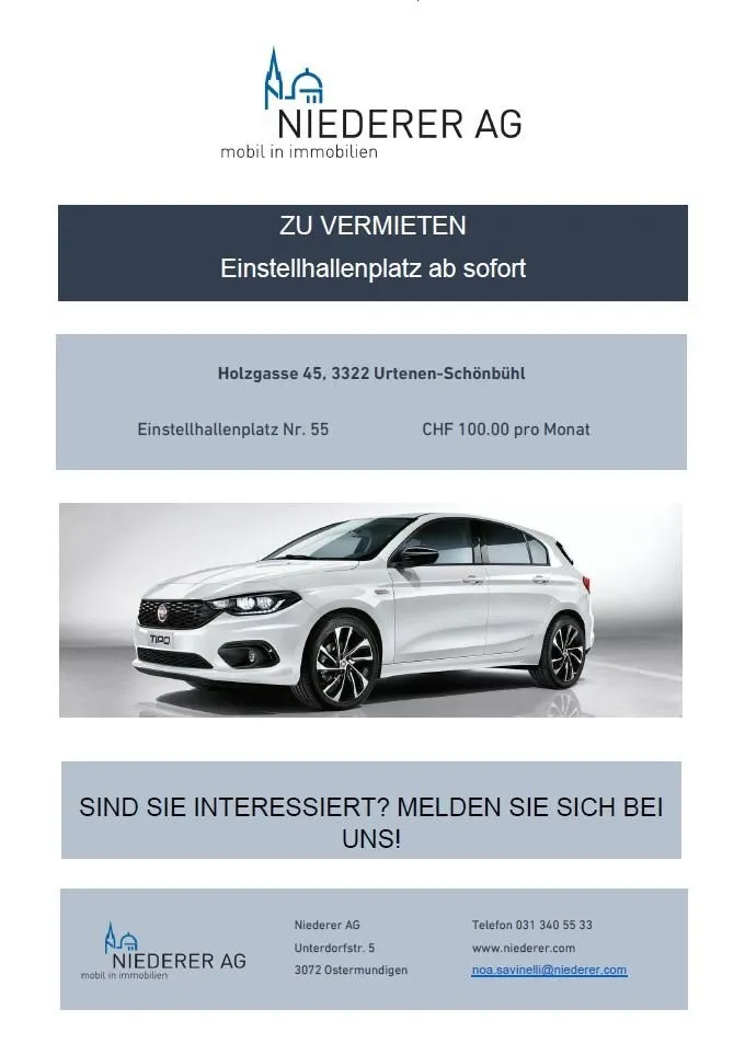 Einstellhalle ab sofort für CHF 100.00 verfügbar
