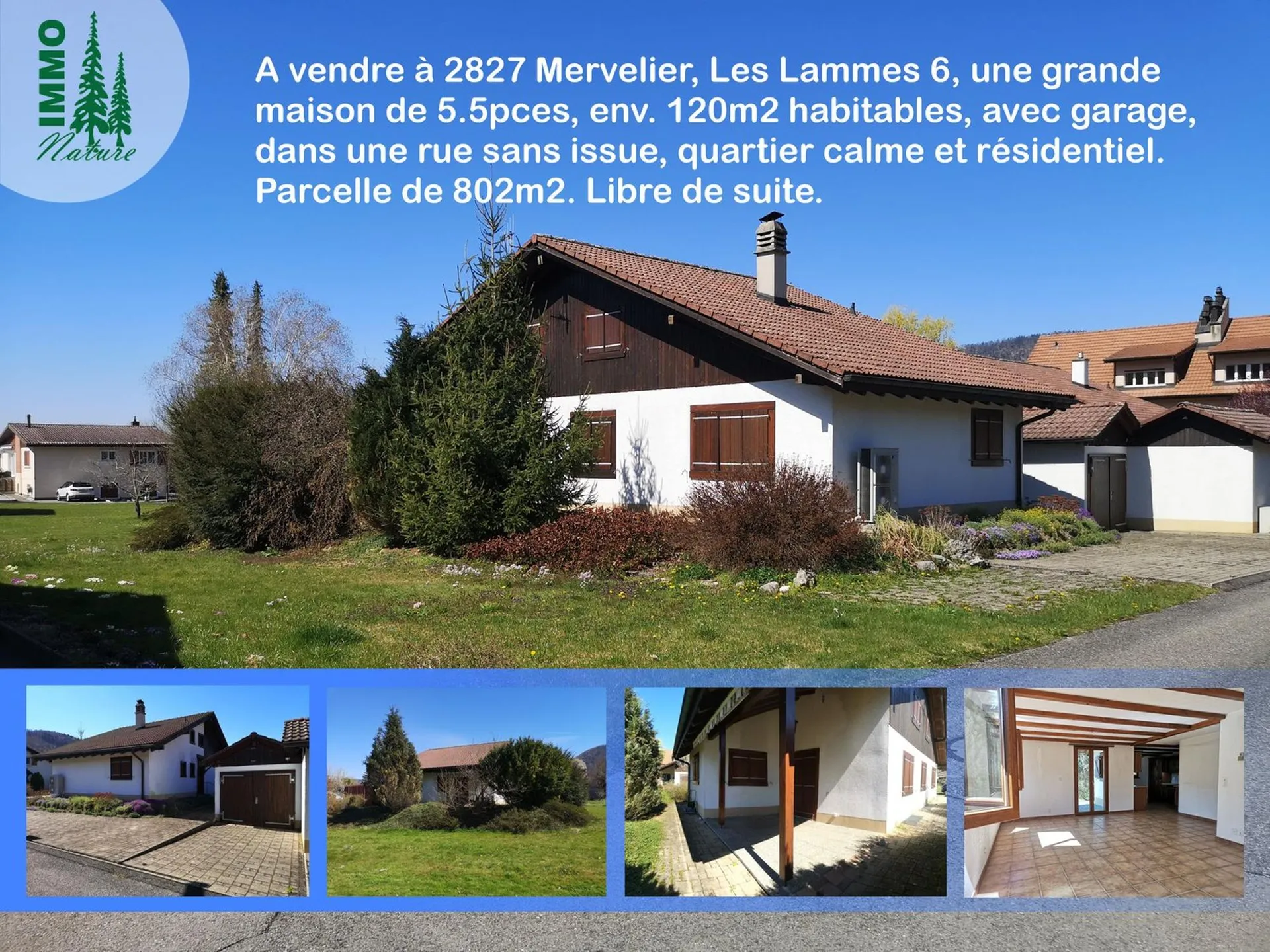 Grande maison 5.5pces, env. 120m2, terrain 802m2, avec garage, places de parc, terrasse, bûcher