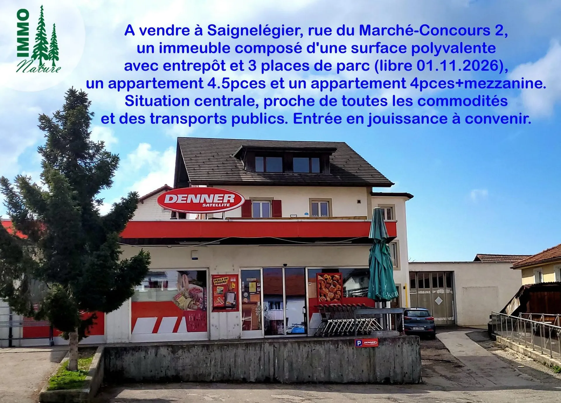 A vendre immeuble avec grande surface polyvalente, 3 places de parc, 2 appartements