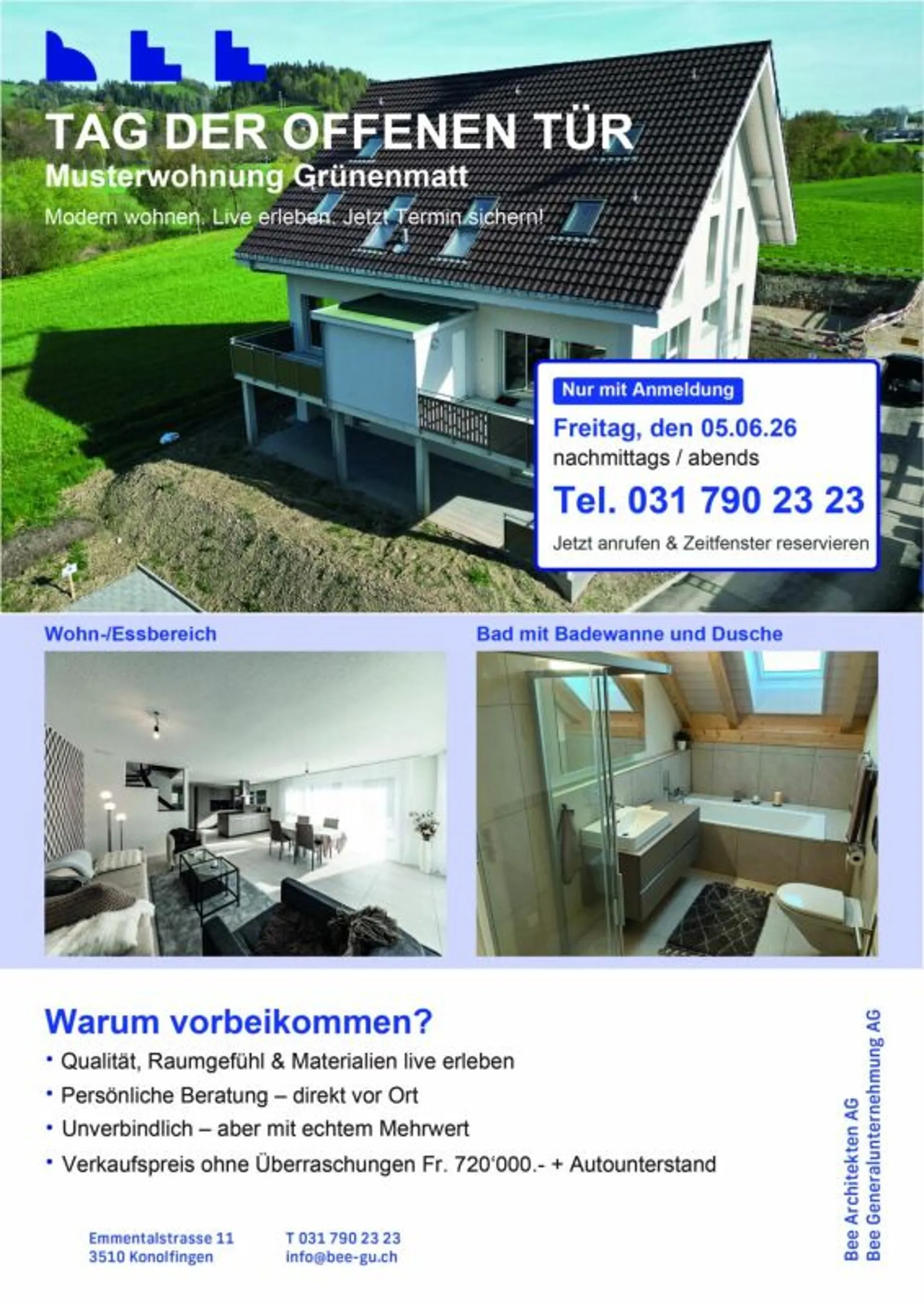 Tag der offenen Tür Fr. 05.06.26 nachmittag/abends nach tel. Anmeldung unter 031 790 23 23